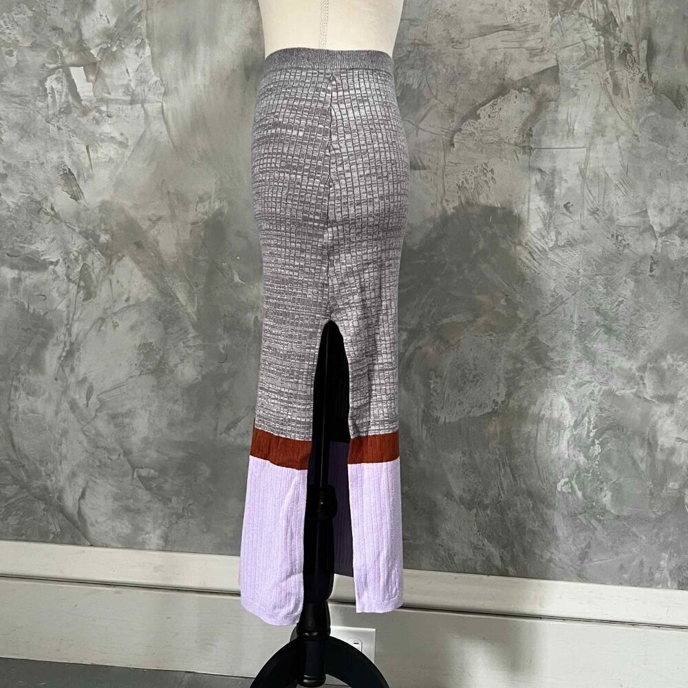 Free People Colorblock Midi Knit Ribbed Skirt Size Small Slit Pull On Boho Chic - Picture 3 of 10